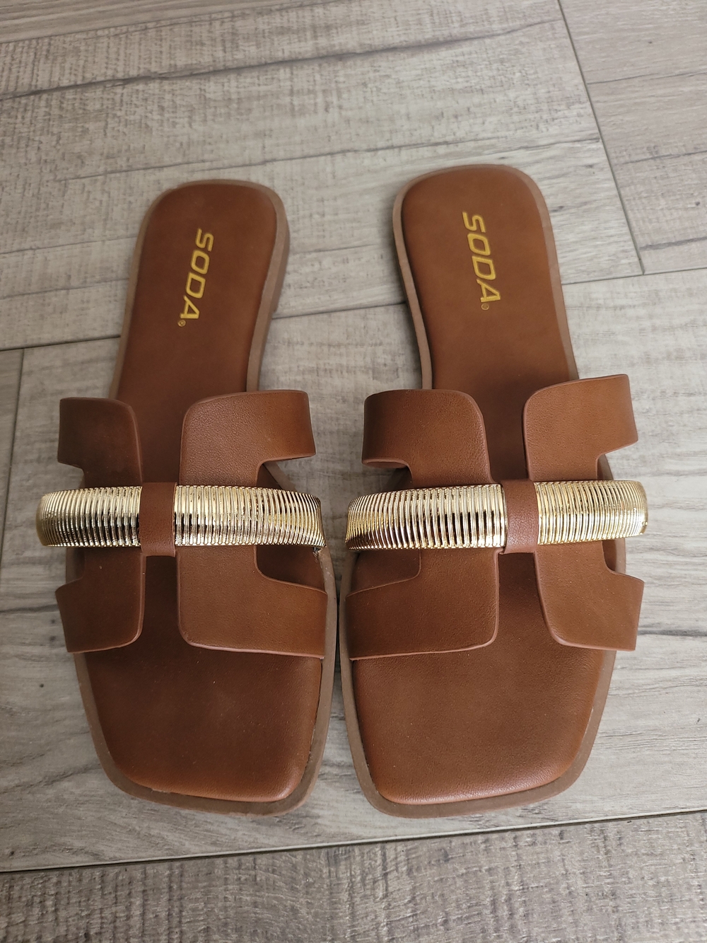 SODA Brown Slide Sandals with Gold Accent